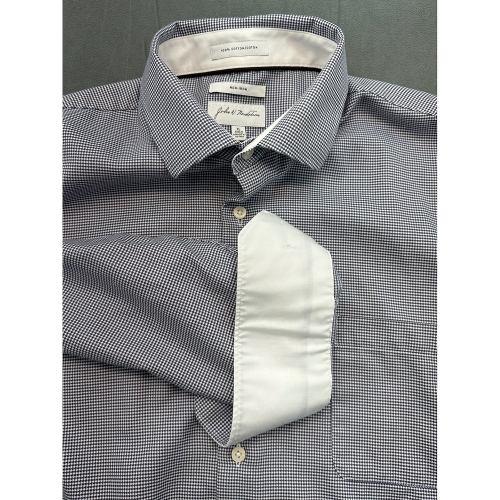John W Nordstrom Mens Dress Shirt XL Non Iron Gingham Check Cotton Blue White